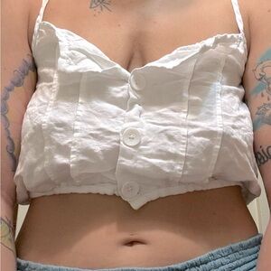 Volcom: White linen button front crop top/tank top